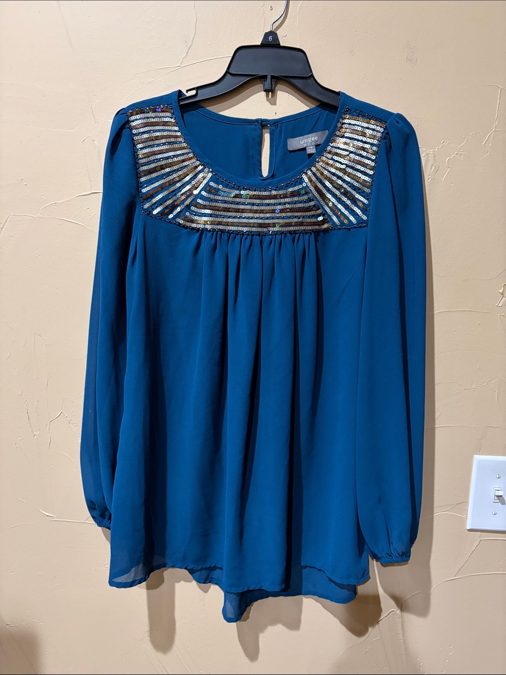 Umgee Teal Sequin Yoke Long Sleeve Blouse